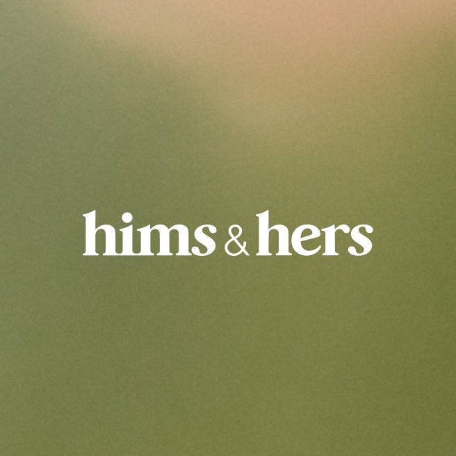 A minimalist logo image with 'hims & hers' written in white lowercase serif font on a green background.