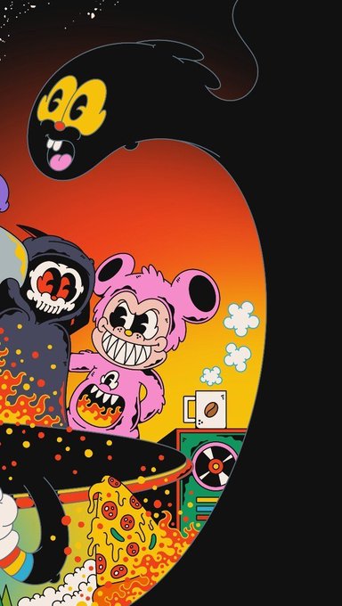 A dark, surreal cartoon illustration features a black ghost-like figure with yellow eyes floating above creepy distorted characters including a grim reaper and a pink bear, set against a fiery orange and yellow background.