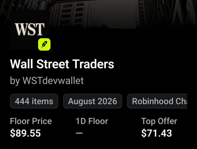 A digital marketplace listing for the 'Wall Street Traders' NFT collection by WSTdevwallet, showing 444 items with a floor price of $89.55 and top offer of $71.43.