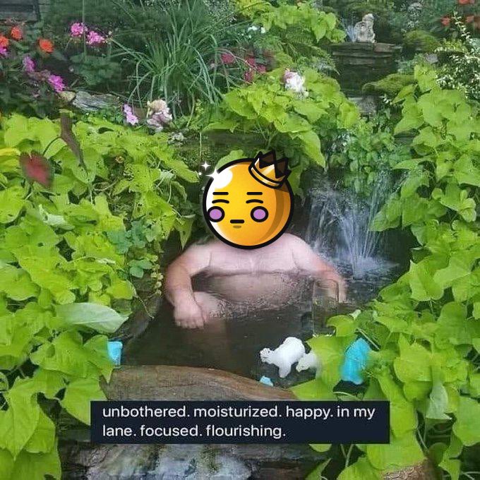 A shirtless man sitting in a lush garden hot tub with a waterfall, his face obscured by a king emoji sticker, with text overlay reading 'unbothered. moisturized. happy. in my lane. focused. flourishing.'