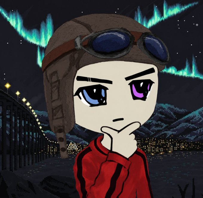 A chibi-style character wearing a pilot's helmet and goggles poses thoughtfully with a hand on their chin against a backdrop of an aurora-lit night sky and a lit-up bridge, visually evoking contemplation about the "ink or robinhood" chain decision mentioned in the post, though no text or numbers are visible in the image itself.