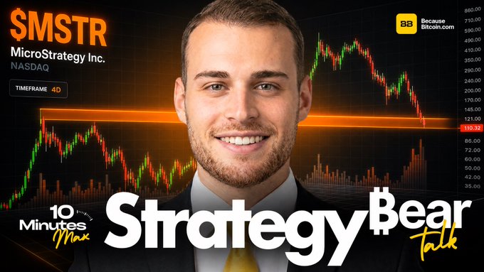 The image shows a man wearing a suit with a mustache standing against a black background, surrounded by charts of stock market trends. In the top right corner of this scene, there are orange words "SMSTR" positioned above his head, likely indicating that he is discussing or analyzing micro-strategy in relation to stock trading and Bitcoin specifically.