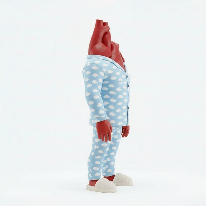 A 3D rendered surreal character with a red anatomical heart for a head wears light blue cloud-patterned pajamas and white slippers against a white background.
