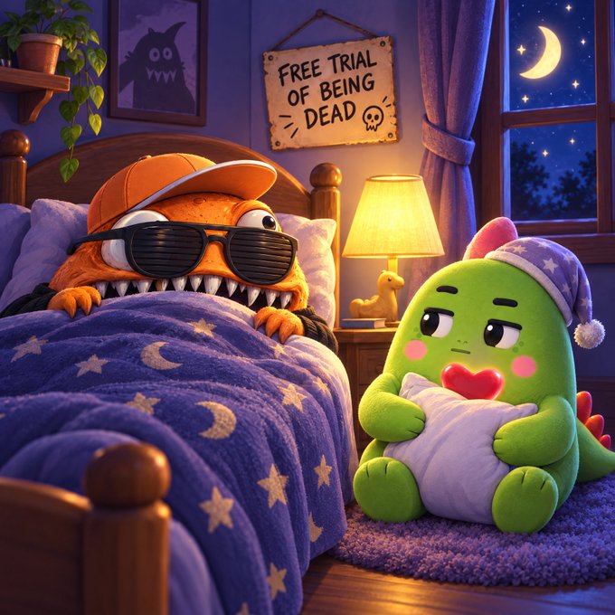A cartoon scene shows an orange monster wearing sunglasses and a cap tucked into a starry purple bed, while a green dinosaur plush in a nightcap sits beside it; a sign on the wall reads 'FREE TRIAL OF BEING DEAD' with a skull.
