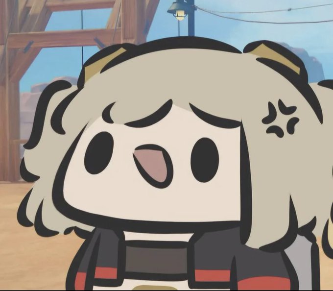 A cute chibi-style anime character with long cream-colored hair, black oval eyes, and an open mouth appears visibly distressed or confused, with an anger mark by the head.