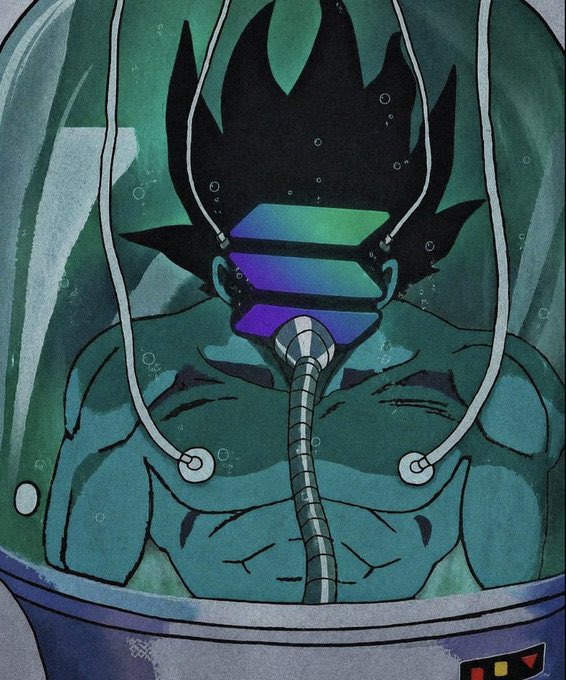 Anime-style artwork of a muscular figure inside a pod or tube, wearing a metallic collar/breathing apparatus, with the Solana logo replacing their eyes/face.