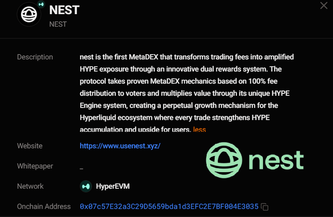A description panel for 'NEST' describing it as 'the first MetaDEX that transforms trading fees into amplified HYPE exposure' with a website link to usenest.xyz and network listed as HyperEVM.