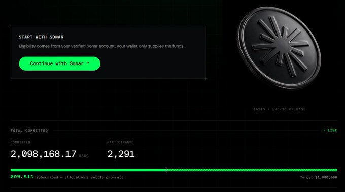 A dark-themed crypto sale page shows 'START WITH SONAR', 'Continue with Sonar >', a coin logo, 'BAKIS · ERC-20 ON BASE', and 'TOTAL COMMITTED: 2,098,168.17 USDC' with '2,291' participants.