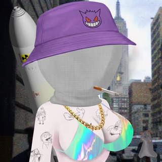 A 3D avatar of a woman wearing a purple bucket hat with a Gengar face, smoking a cigarette, and wearing a gold chain necklace and iridescent bikini top.