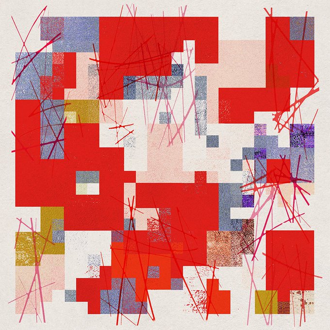 An abstract geometric composition made of pixelated red, blue, pink, and yellow blocks overlaid with frantic pink and red scribbles.