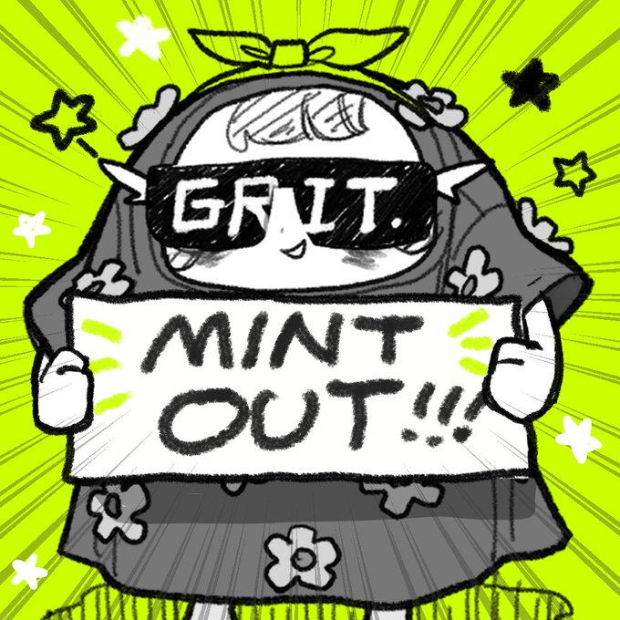 A black and white cartoon illustration of a character wearing sunglasses labeled 'GFKT' holding a sign that says 'MINT OUT!!' against a bright neon green background.