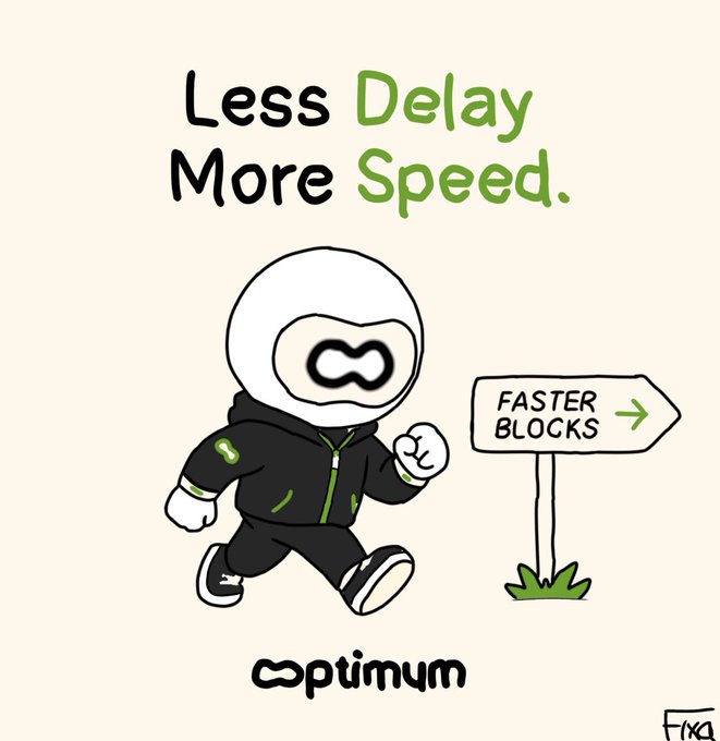 Promotional graphic for Optimum blockchain with text 'Less Delay More Speed.' showing a cartoon mascot in a hoodie pointing to a 'FASTER BLOCKS →' sign.