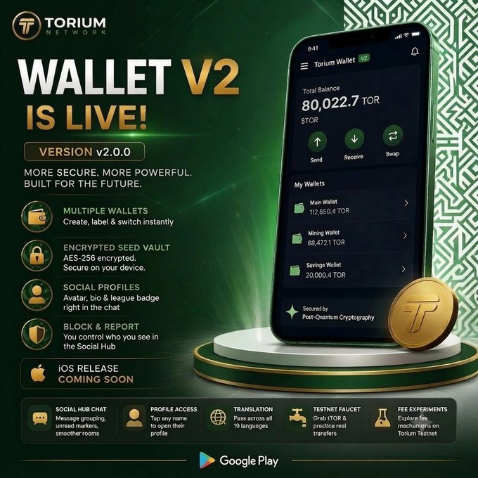 A promotional poster announcing 'Wallet V2 IS LIVE!' for Torium Network (version v2.0.0), highlighting features like multiple wallets, encrypted seed vault, social profiles, block & report, iOS release coming soon, social hub chat, profile access, translation, testnet faucet, and fee experiments.