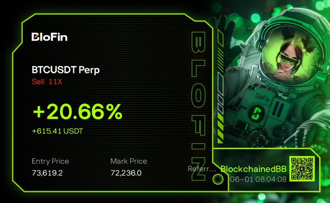!"BLOFIN" is written above "BTCUSDT". In the lower part of the image, there are two small people wearing spacesuits - one is holding something red and green while the other is holding an item with a red, yellow, and green pattern in its hands. The main focus on the screen says: "$BLOFIN" we started June with a "btc usdt".