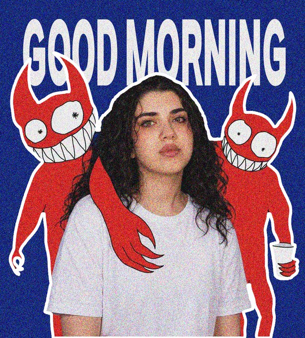 A graphic illustration with 'GOOD MORNING' text at the top, showing a young woman with curly hair flanked by two red cartoon devil characters against a blue background.