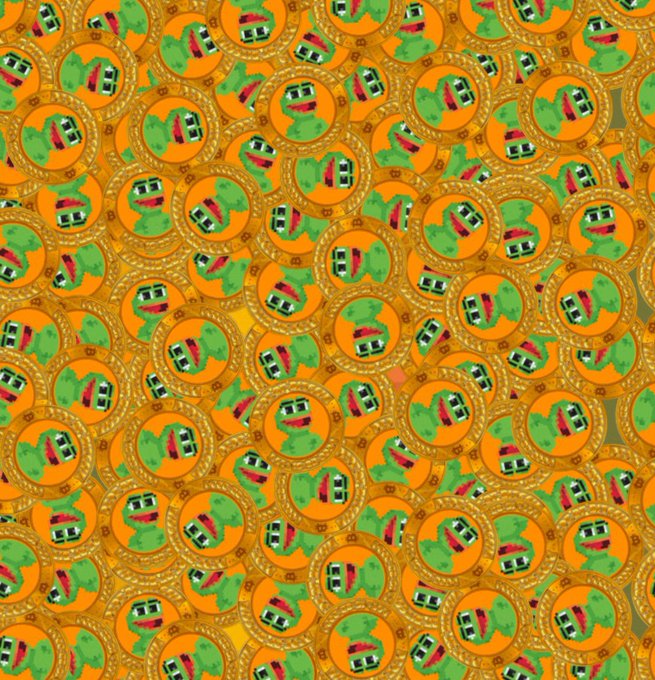 A repetitive, kaleidoscopic pattern consists of small green cartoon faces and red phone-like icons set against an orange and gold ornate background.