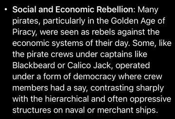 A bulleted text excerpt about the democratic structures of pirate crews during the Golden Age of Piracy, mentioning captains Blackbeard and Calico Jack and contrasting pirate governance with oppressive naval hierarchies. The post's reference to "Ripple and Pirates" highlights how pirate ships operated under surprisingly democratic, rebellious social systems—a thematic parallel to Ripple's disruption of traditional centralized financial structures.
