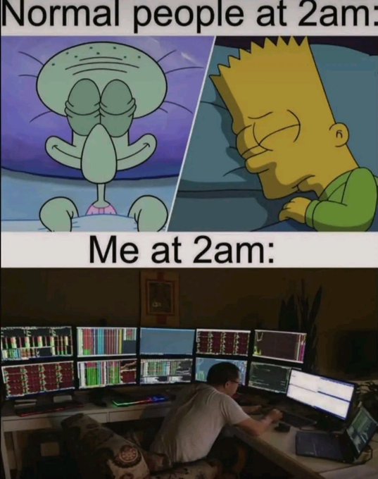 A meme comparing "Normal people at 2am" — shown as SpongeBob and Bart Simpson sleeping peacefully — to "Me at 2am," which depicts an overstimulated person working intensely at a multi-monitor trading setup illuminated in the dark. The caption "Late Night - Me everyday - HBU?" suggests the poster commonly stays up this late absorbed in screen-heavy activity, likely trading or market watching, unlike typical sleepers.