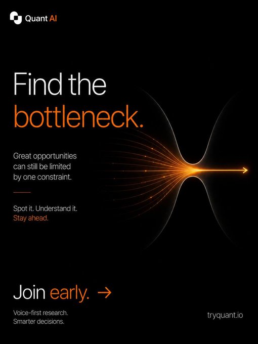 An advertisement for Quant AI featuring the text 'Find the bottleneck' and 'Join early,' with a glowing funnel graphic and the URL tryquant.io.