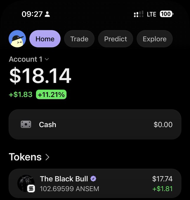A mobile app screenshot showing an Account 1 balance of $18.14 (+$1.83, +11.21%) at 09:27, holding 102.69599 ANSEM token ('The Black Bull') valued at $17.74 (+$1.81).