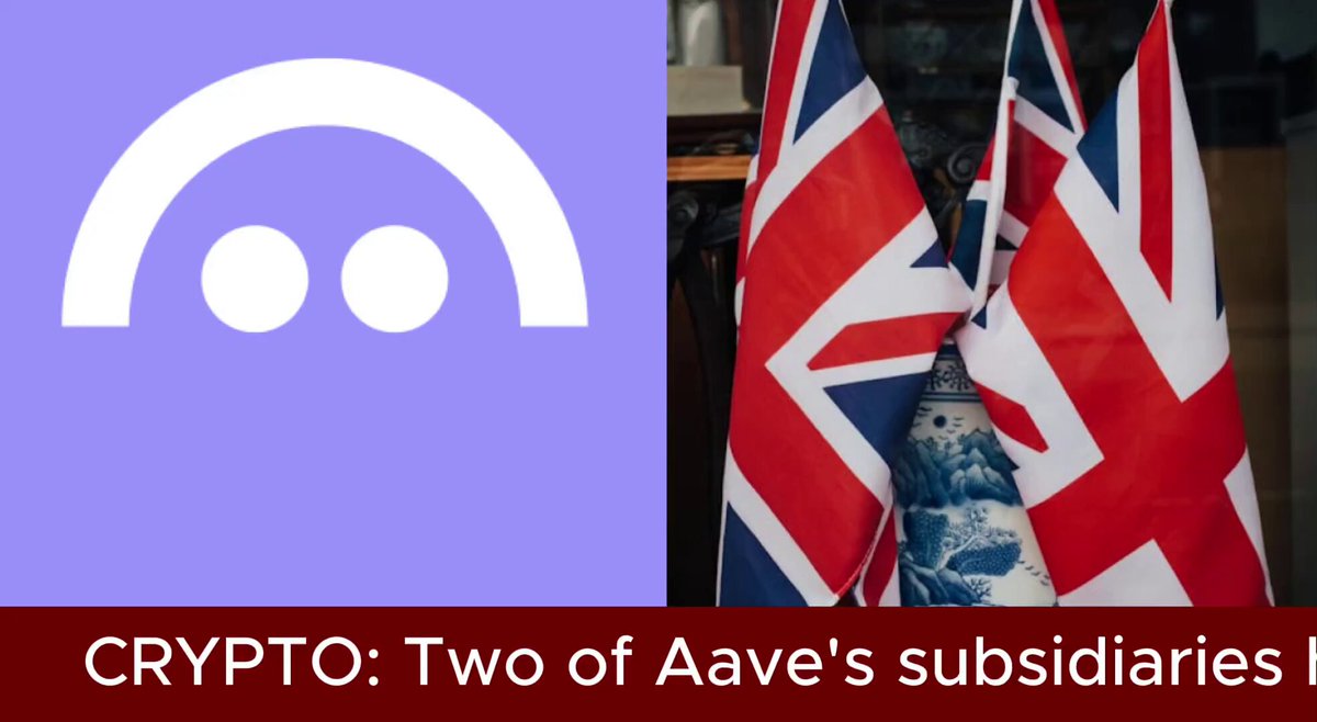The image features a purple square with a white smiley face, accompanied by two British flags - one red and one blue. Below these, there's text that says "Crypto: Two of Aave's UK-based subsidiaries have received FCA registration as crypto exchange providers", indicating the approval of the regulatory bodies for these subsidiaries to operate as cryptocurrency exchanges in the United Kingdom.