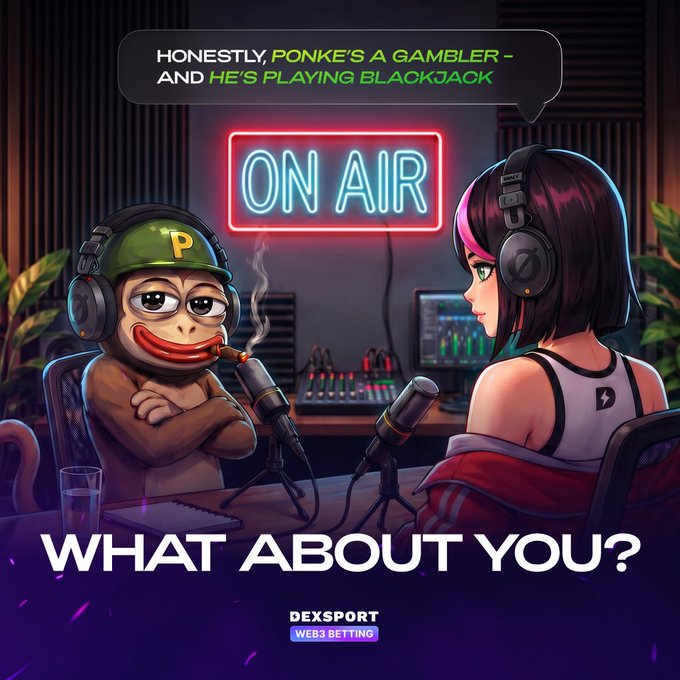 The image features a cartoon character wearing headphones with a microphone, sitting at a desk while another character stands behind them. The characters are engaged in conversation or a presentation, possibly discussing topics related to gaming or other interests. In the background of the image, there is a neon sign that reads "ON AIR".
