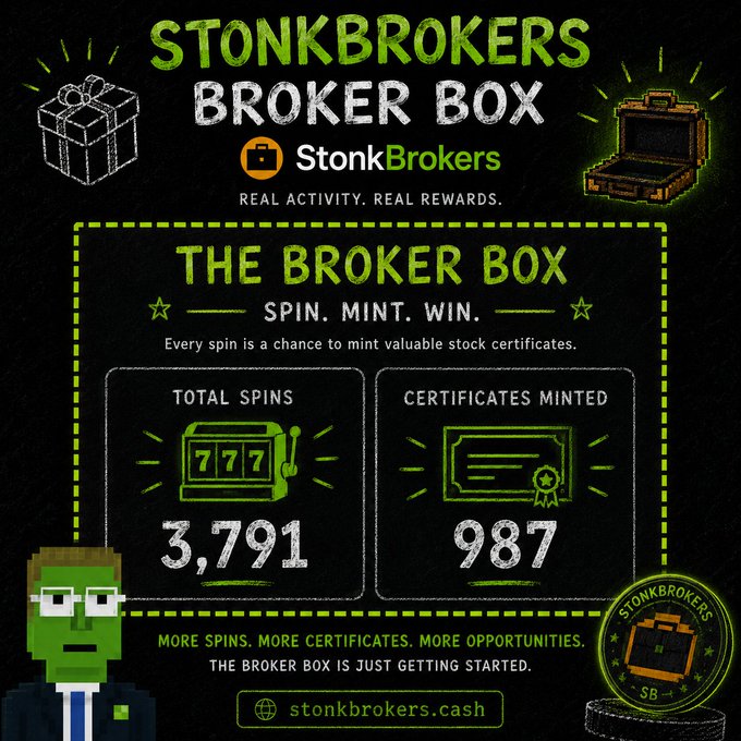A promotional graphic for 'STONKBROKERS BROKER BOX' with a chalkboard aesthetic, displaying statistics of '3,791 TOTAL SPINS' and '987 CERTIFICATES MINTED' alongside a pixel-art broker character.