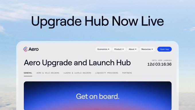 A screenshot displays 'Upgrade Hub Now Live' above the 'Aero' project interface, specifically the 'Aero Upgrade and Launch Hub', featuring navigation tabs for 'Economics', 'Product', 'About', and 'Resources', with a countdown timer showing '12d 03:16:36'.