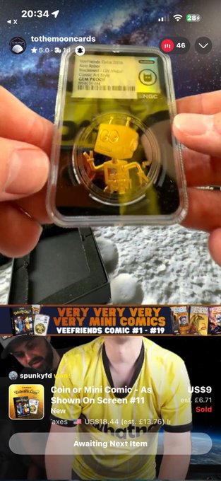 A vertical video screenshot from "tothemooncards" showing hands holding a graded NBA Top Shot LeBron James dunk moment in a yellow graded slab, with comic listing info for "Very Very Very Very Mini Comics #01 - #19."