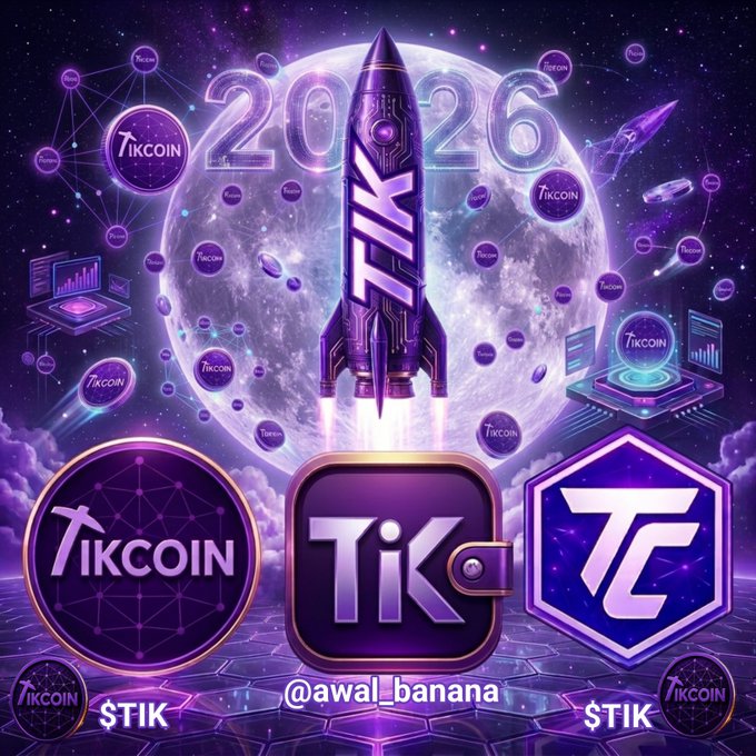 A stylized purple rocket emblazoned with "TIK" launches from a glowing moon toward "2026," surrounded by floating TikCoin logos and tech icons. Below, prominent TikCoin, Tik, and TC emblems reinforce the post's message of TikCoin, TikChain, and TikWallet uniting to propel the $TIK ecosystem into a powerful future.