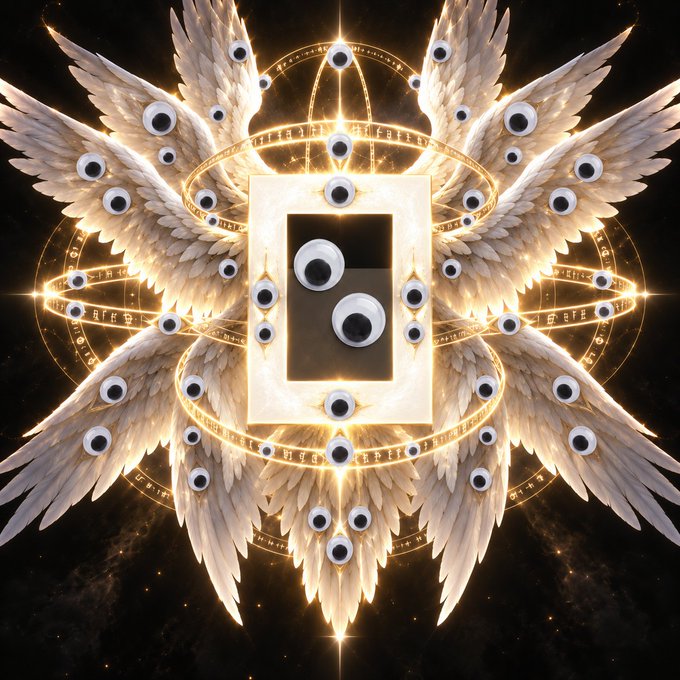 A surreal, glowing image featuring angel wings surrounding a central rectangular portal filled with floating eyeballs, encircled by golden arcane rings inscribed with symbols.
