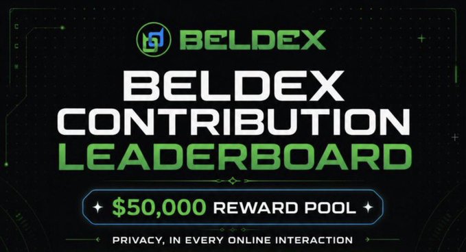 A promotional banner for 'BELDEX CONTRIBUTION LEADERBOARD' with the Beldex logo, featuring a '$50,000 REWARD POOL' badge and the tagline 'PRIVACY, IN EVERY ONLINE INTERACTION' on a dark circuit-board themed background.