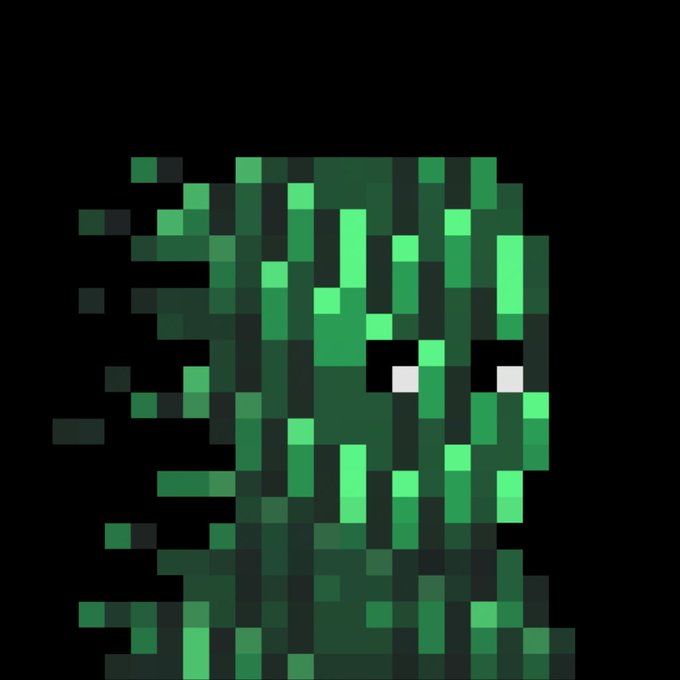 A pixelated green ghost-like figure with two white pixel eyes emerges from a black background, evoking retro arcade aesthetics. The accompanying post frames it as a digital identity or avatar for a user in the Zcash ($ZEC) shielded network, reinforcing the image's mysterious, encrypted, and decentralized cryptocurrency theme.