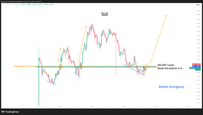A TradingView weekly candlestick chart of $SUI shows price action around a key support level near $0.93, annotated with a green "Pump above this level" line, an "ON-OFF-Level" where breaking the bottom is in play, and a highlighted "Bullish divergence" with an upward arrow suggesting bullish momentum despite the caption "SUI is angry."