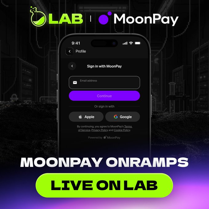 A promotional graphic showing the LAB and MoonPay logos above a smartphone displaying the MoonPay sign-in screen with email, Apple, and Google login options, with bold text reading "MOONPAY ONRAMPS" and "LIVE ON LAB" at the bottom. The image directly illustrates the post's message by visually demonstrating the integrated MoonPay onramp feature now available on LAB for seamless fiat-to-crypto purchases.