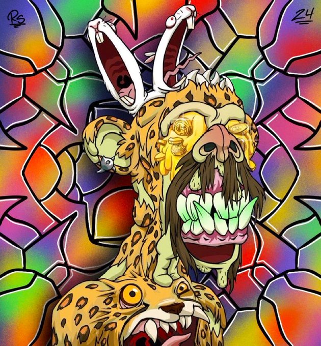 A surreal, psychedelic digital artwork depicting a grotesque, multi-faced creature with leopard-print patterns, sharp teeth, and rabbit-like ears against a colorful stained-glass background.