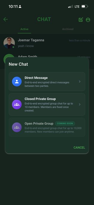 A mobile chat app interface shows a 'New Chat' menu with options for Direct Message, Closed Private Group, and Open Private Group (Coming Soon) in a dark theme.