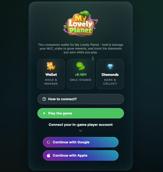 The image shows the launch screen of "My Lovely Planet" web3 portal, featuring the game's logo and a description that reads "The companion wallet for My Lovely Planet - hold & manage your MLC, stake to grow rewards, and track the diamonds you earn while you play." The interface displays a Wallet section with "+8.16M $MLC STAKED," a Diamonds section, and options to play the game or connect via Google/Apple, representing the newly launched Web3 portal mentioned in the post.