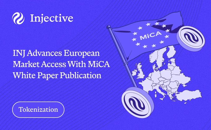 Injective promotional graphic with a blue background, displaying text 'INJ Advances European Market Access With MiCA White Paper Publication' and a 'Tokenization' button, alongside an EU map and a 'MiCA' flag.