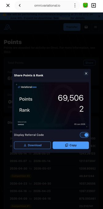 The image shows a screenshot of an online banking app displaying the user's account balance, which is $69,056. Additionally, there is information about the "@variational_io" as one of the top traders on the BitMEX ranking system and that they have accumulated over 130,000 points for the year ending April 30, 2021. The screenshot also includes a button to download the Variational Intelligence report.