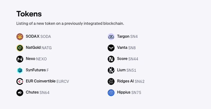 The image displays a list titled "Tokens" describing the listing of new tokens on a previously integrated blockchain, featuring tickers like SODAX (SODA), NatGold (NATG), Nexo (NEXO), SynFutures (F), EUR Coinvertible (EURCV), Chutes (SN64), Targon (SN4), Vanta (SN8), Score (SN44), Lium (SN51), Ridges AI (SN62), and Hippius (SN75). It supports the post by illustrating Kraken's expansion beyond just $TAO to include individual Bittensor subnet tokens (denoted with "SN" prefixes), highlighting the exchange's recognition of Bittensor's broader ecosystem.