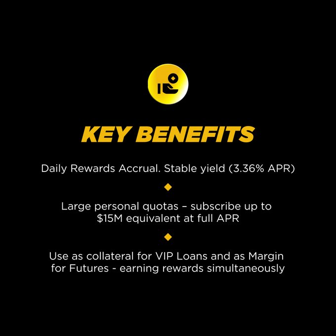 A promotional graphic with a black background listing 'KEY BENEFITS' including daily rewards accrual at 3.36% APR, $15M quotas, and collateral use for VIP loans.