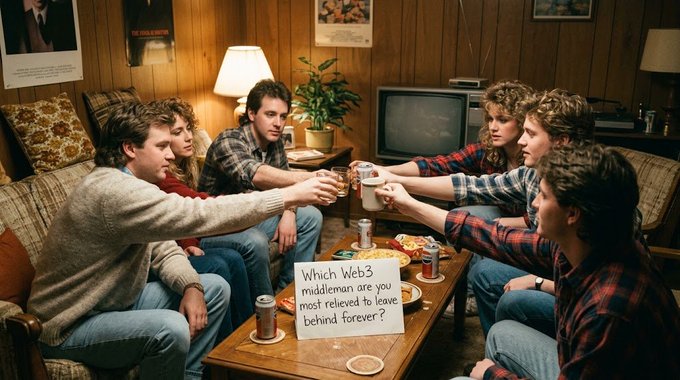 A retro-style scene of several young people gathered around a coffee table in a wood-paneled room, holding drinks together with a sign that reads 'Which Web3 middleman are you most relieved to leave behind forever?'