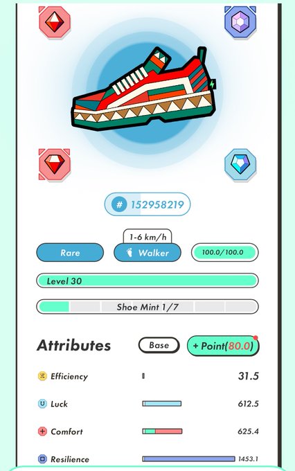 A mobile app interface displaying shoe NFT stats, including a sneaker graphic, level 30, 'Rare' classification, 'Walker' trait, and attributes like Efficiency, Luck, Comfort, and Resilience.
