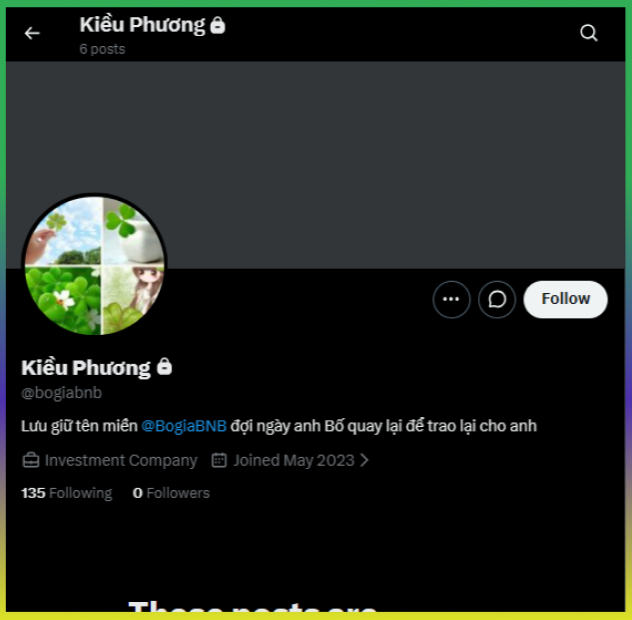 The image shows a Twitter/X profile for "Kiều Phương" (@Bogiabnb) with 6 posts, 0 followers, and 135 following, joined May 2023, whose bio reads "Lưu giữ tên miền @Bogiabnb đợi ngày anh Bố quay lại để trao lại cho anh" — the post humorously reveals this is a female fan holding the @Bogiabnb handle (previously linked to BNB's infamous "Godfather") in anticipation of the original holder's return.