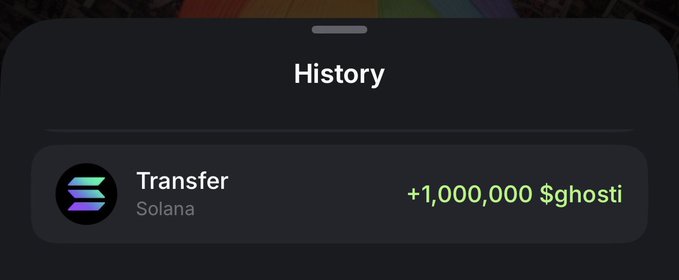 A "History" notification from the Solana wallet app shows a Transfer of +1,000,000 $GHOSTI received, matching the birthday gift mentioned in the post from @ghosti_phantom.