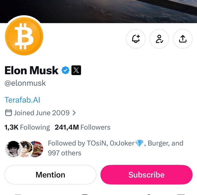 The image shows Elon Musk's X (formerly Twitter) profile page displaying his Bitcoin logo profile picture, verified checkmark, username @elonmusk, 241.4M followers, and a link to "Terafab.AI," which connects to the post's sentiment about cryptocurrency market pumps likely being driven by his influence.
