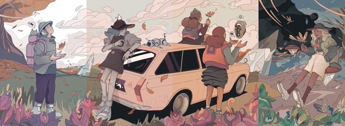 A stylized illustration shows a group of young people in cozy autumn attire—beanies, scarves, and jackets—gathered around a vintage car, sharing hot drinks amid swirling leaves, pink flowers, and moody skies. The warm, whimsical artwork perfectly captures the post's anticipation of autumn, complemented by the tagged accounts @1SLES and @RENGA_inc.