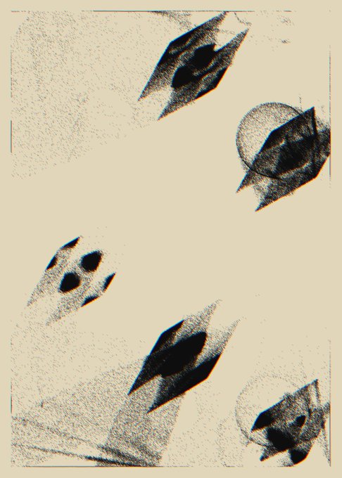 A textured, abstract artwork with pencil/charcoal-like shading featuring geometric shapes, a sphere, and fragmented forms against a cream-colored background.