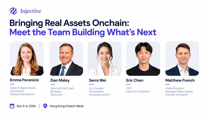 An Injective promotional graphic titled 'Bringing Real Assets Onchain: Meet the Team Building What's Next' featuring headshots of team members Emma Pecenic, Dan Maley, Serra Wei, Eric Chen, and Matthew French, dated Nov 5-6, 2026 for Hong Kong Fintech Week.